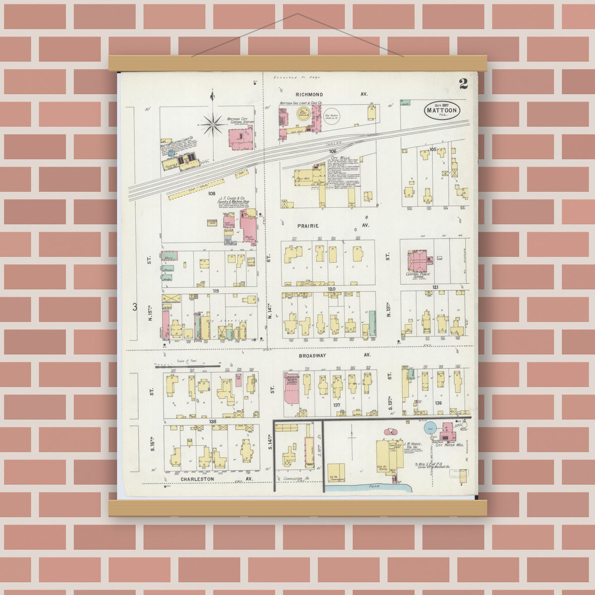 Old map wall art mockup — magnetic wood frame on brick wall — Sanborn Fire Insurance Map from Mattoon, Coles County, Illinois (1897), Sheet #0002