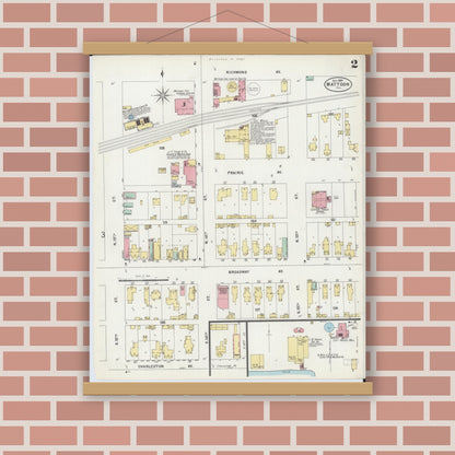 Old map wall art mockup — magnetic wood frame on brick wall — Sanborn Fire Insurance Map from Mattoon, Coles County, Illinois (1897), Sheet #0002