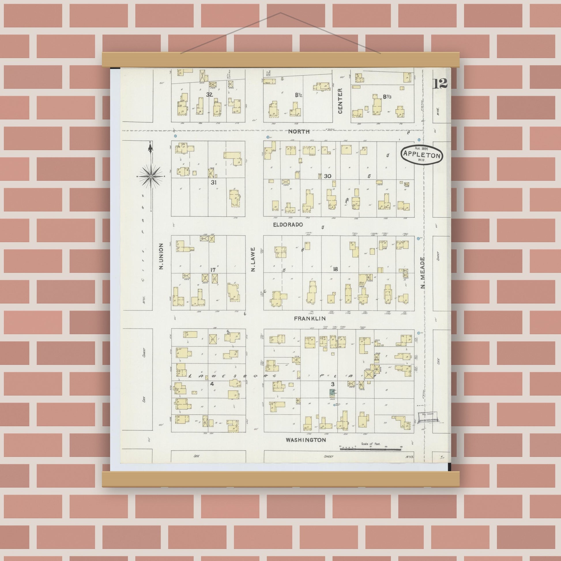 Old map wall art mockup — magnetic wood frame on brick wall — Sanborn Fire Insurance Map from Appleton, Outagamie County, Wisconsin (1891), Sheet #0012