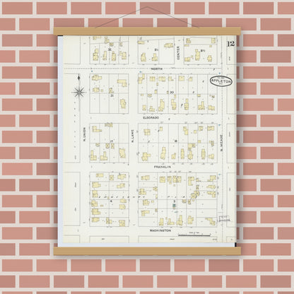 Old map wall art mockup — magnetic wood frame on brick wall — Sanborn Fire Insurance Map from Appleton, Outagamie County, Wisconsin (1891), Sheet #0012