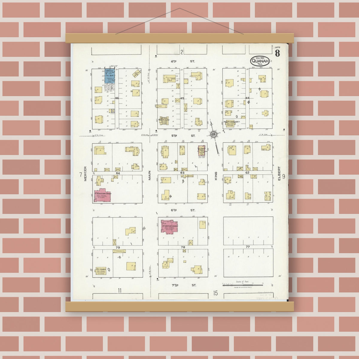 Old map wall art mockup — magnetic wood frame on brick wall — Sanborn Fire Insurance Map from Quanah, Hardeman County, Texas (1921), Sheet #0008