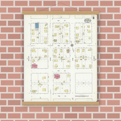 Old map wall art mockup — magnetic wood frame on brick wall — Sanborn Fire Insurance Map from Quanah, Hardeman County, Texas (1921), Sheet #0008