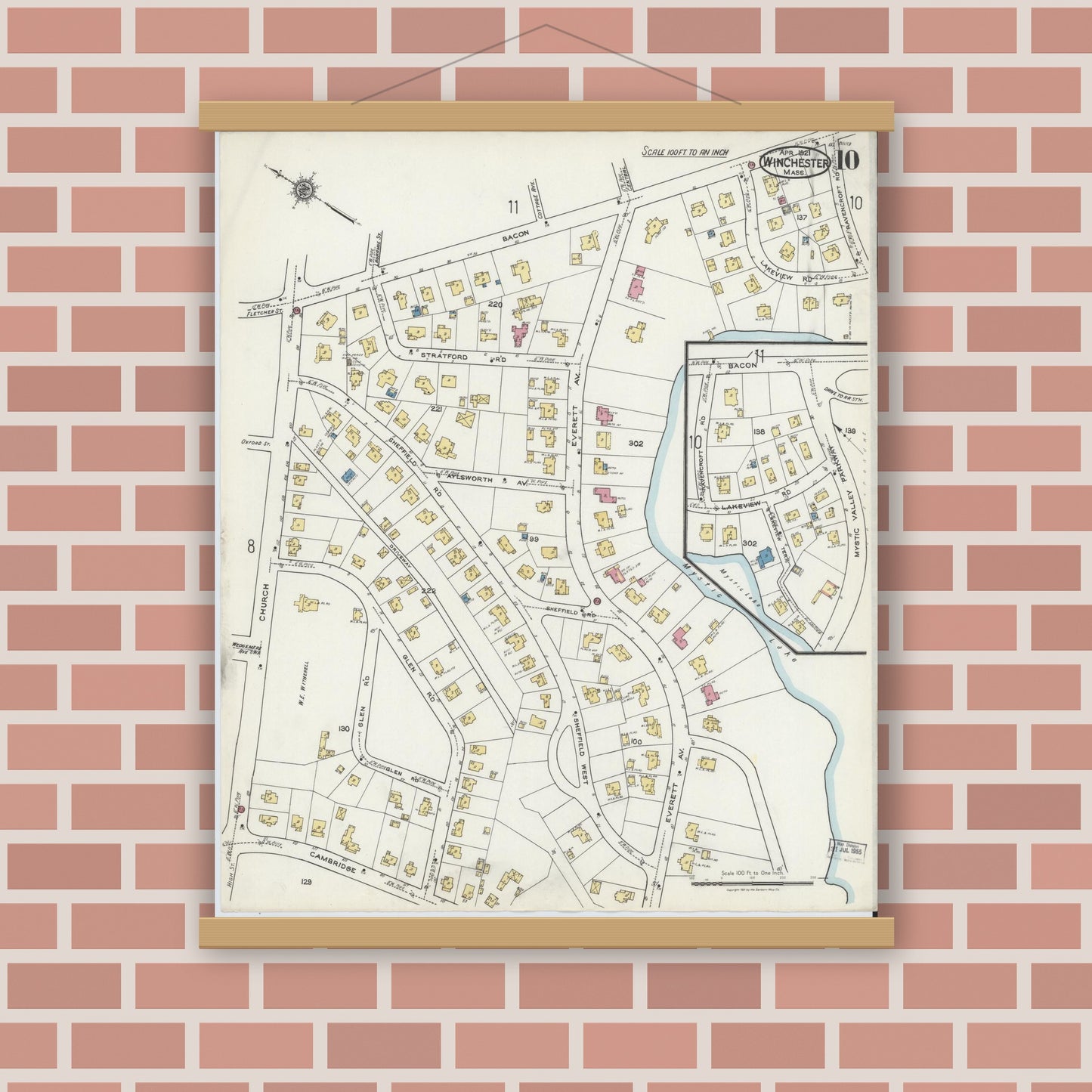 Old map wall art mockup — magnetic wood frame on brick wall — Sanborn Fire Insurance Map from Winchester, Middlesex County, Massachusetts (1921), Sheet #0010