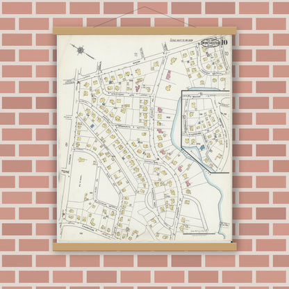 Old map wall art mockup — magnetic wood frame on brick wall — Sanborn Fire Insurance Map from Winchester, Middlesex County, Massachusetts (1921), Sheet #0010