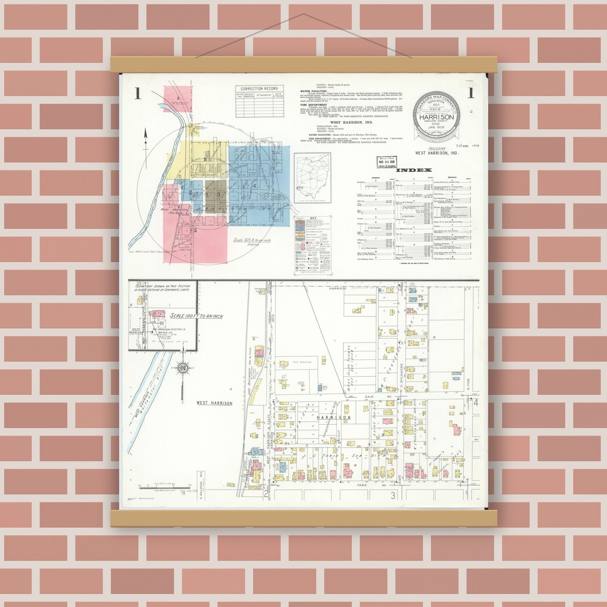 Old map wall art mockup — magnetic wood frame on brick wall — Sanborn Fire Insurance Map from Harrison, Hamilton County, Ohio (1938) - Complete Map Set