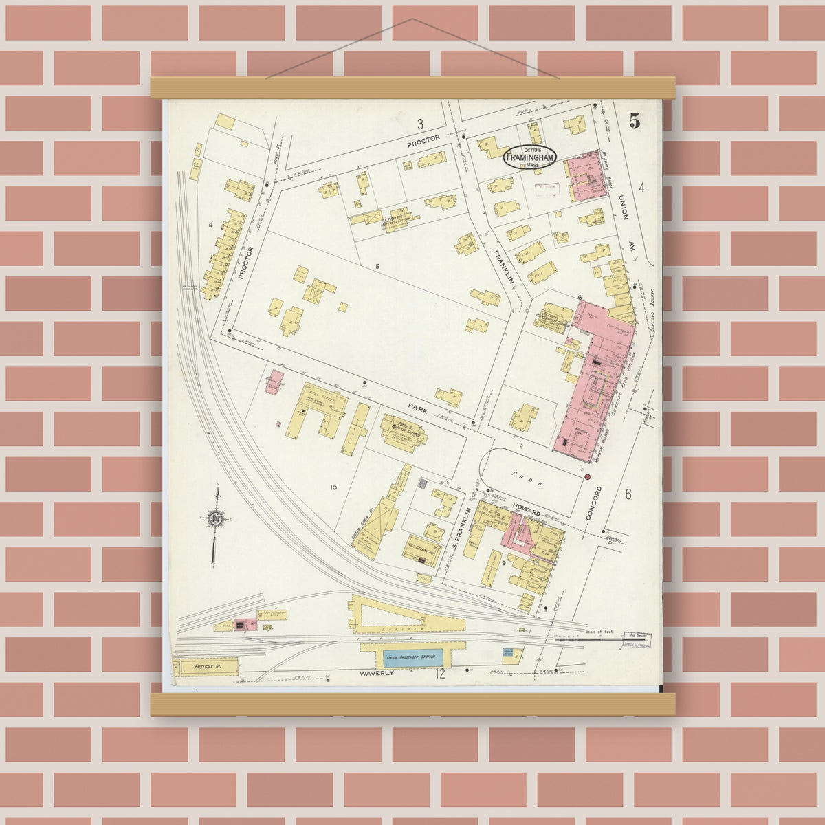 Old map wall art mockup — magnetic wood frame on brick wall — Sanborn Fire Insurance Map from Framingham, Middlesex County, Massachusetts (1915), Sheet #0005