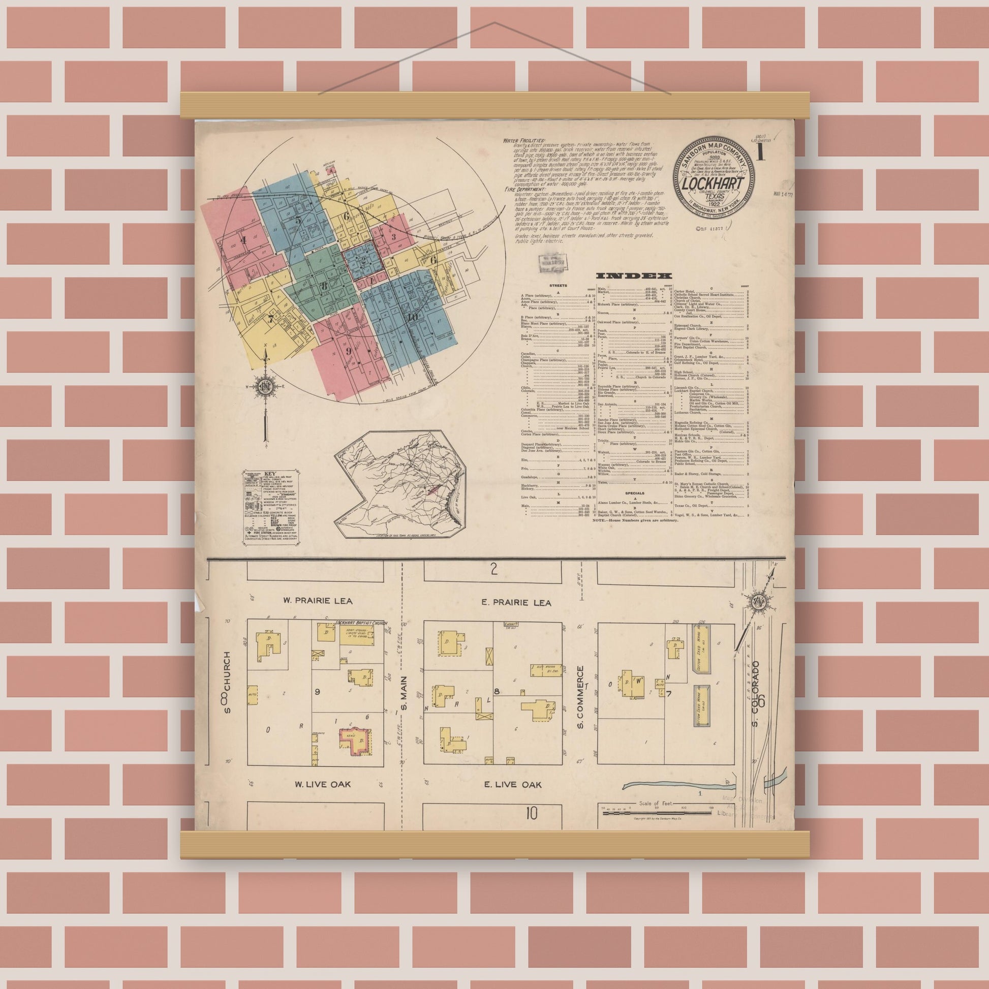 Old map wall art mockup — magnetic wood frame on brick wall — Sanborn Fire Insurance Map from Lockhart, Caldwell County, Texas (1922), Sheet #0001
