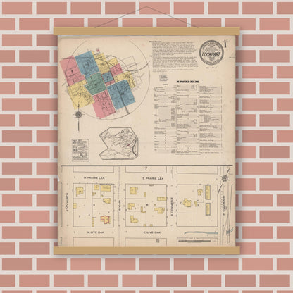 Old map wall art mockup — magnetic wood frame on brick wall — Sanborn Fire Insurance Map from Lockhart, Caldwell County, Texas (1922), Sheet #0001