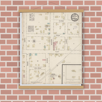 Old map wall art mockup — magnetic wood frame on brick wall — Sanborn Fire Insurance Map from Mount Morris, Genesee County, Michigan (1884), Sheet #0001