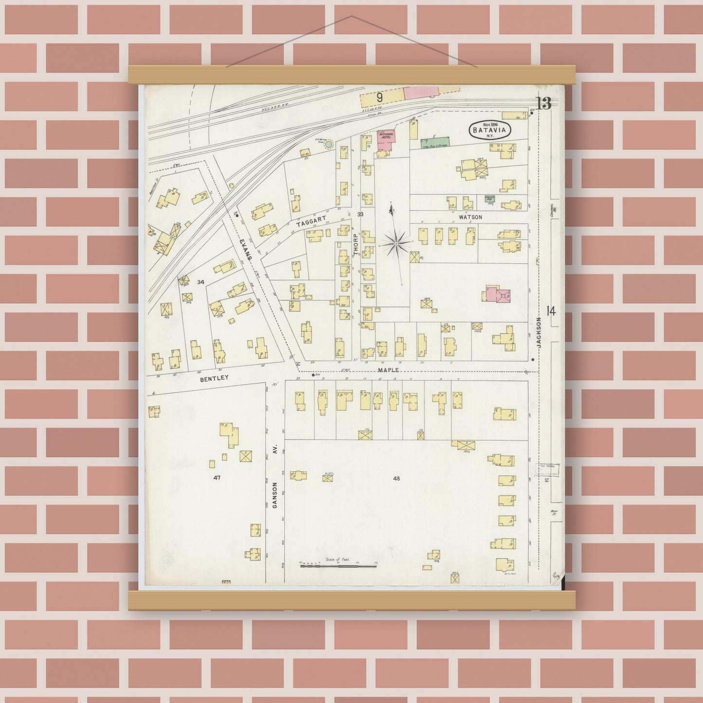 Old map wall art mockup — magnetic wood frame on brick wall — Sanborn Fire Insurance Map from Batavia, Genesee County, New York (1896), Sheet #0013