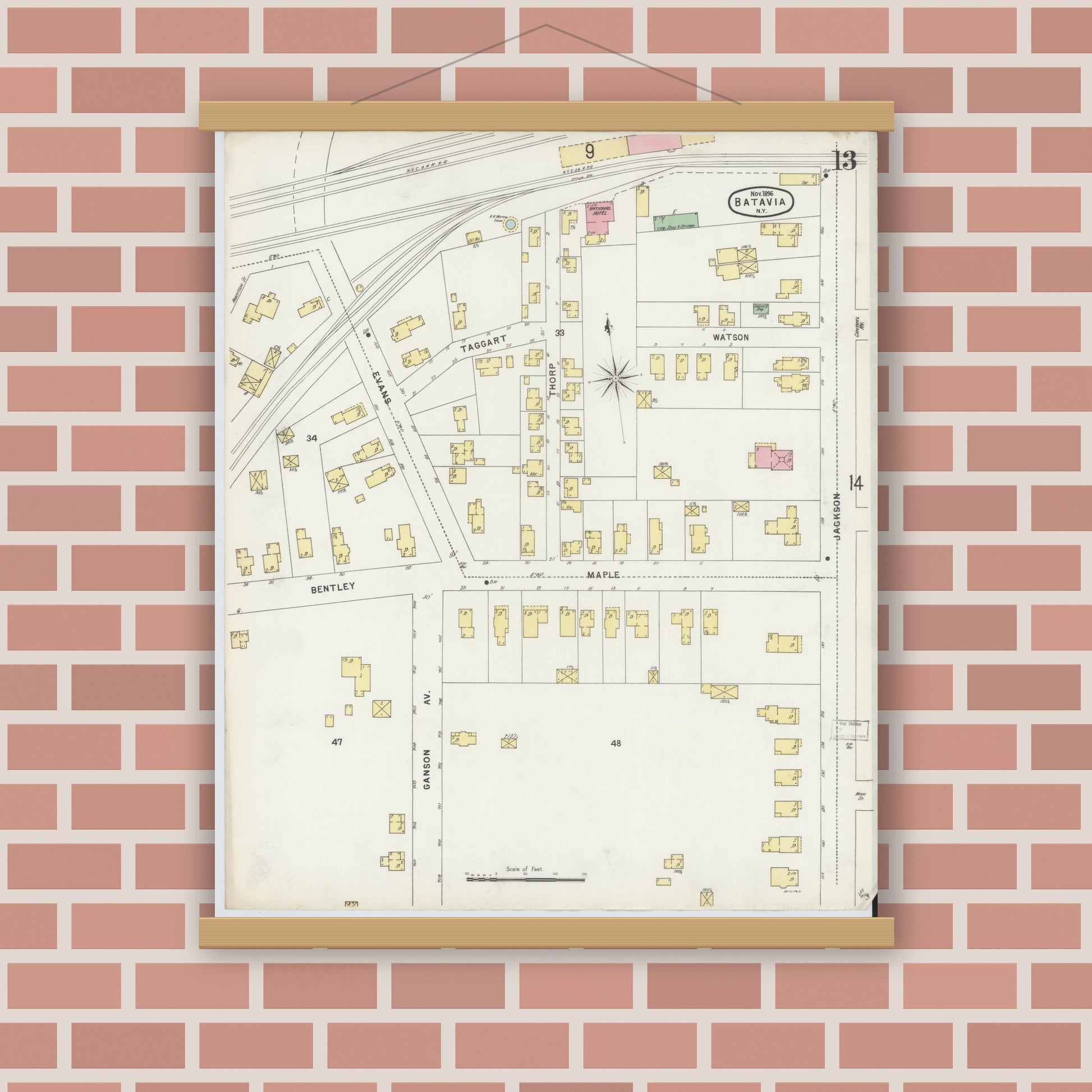 Old map wall art mockup — magnetic wood frame on brick wall — Sanborn Fire Insurance Map from Batavia, Genesee County, New York (1896), Sheet #0013