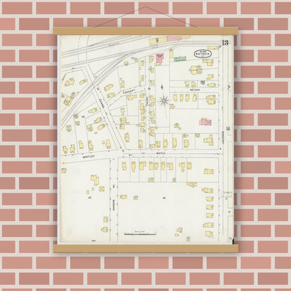 Old map wall art mockup — magnetic wood frame on brick wall — Sanborn Fire Insurance Map from Batavia, Genesee County, New York (1896), Sheet #0013