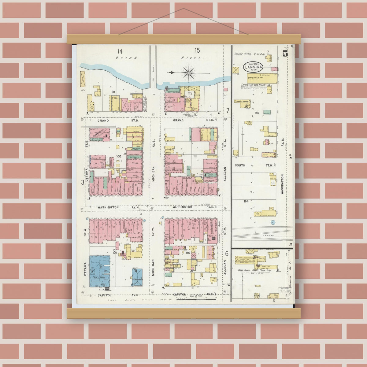 Old map wall art mockup — magnetic wood frame on brick wall — Sanborn Fire Insurance Map from Lansing, Ingham County, Michigan (1898), Sheet #0005