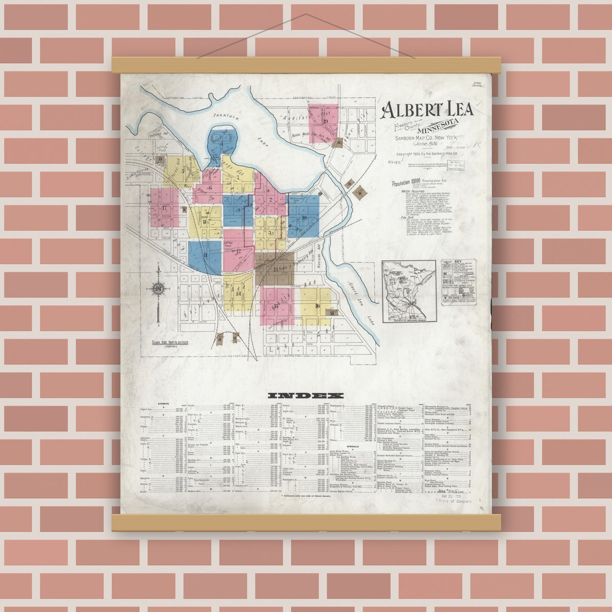Old map wall art mockup — magnetic wood frame on brick wall — Sanborn Fire Insurance Map from Albert Lea, Freeborn County, Minnesota (1926) - Complete Map Set