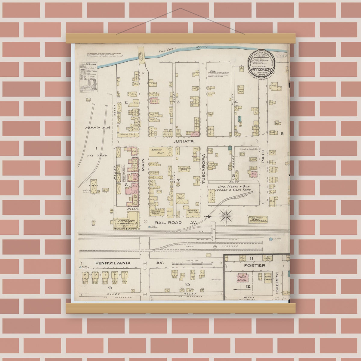 Old map wall art mockup — magnetic wood frame on brick wall — Sanborn Fire Insurance Map from Patterson, Juniata County, Pennsylvania (1885), Sheet #0001