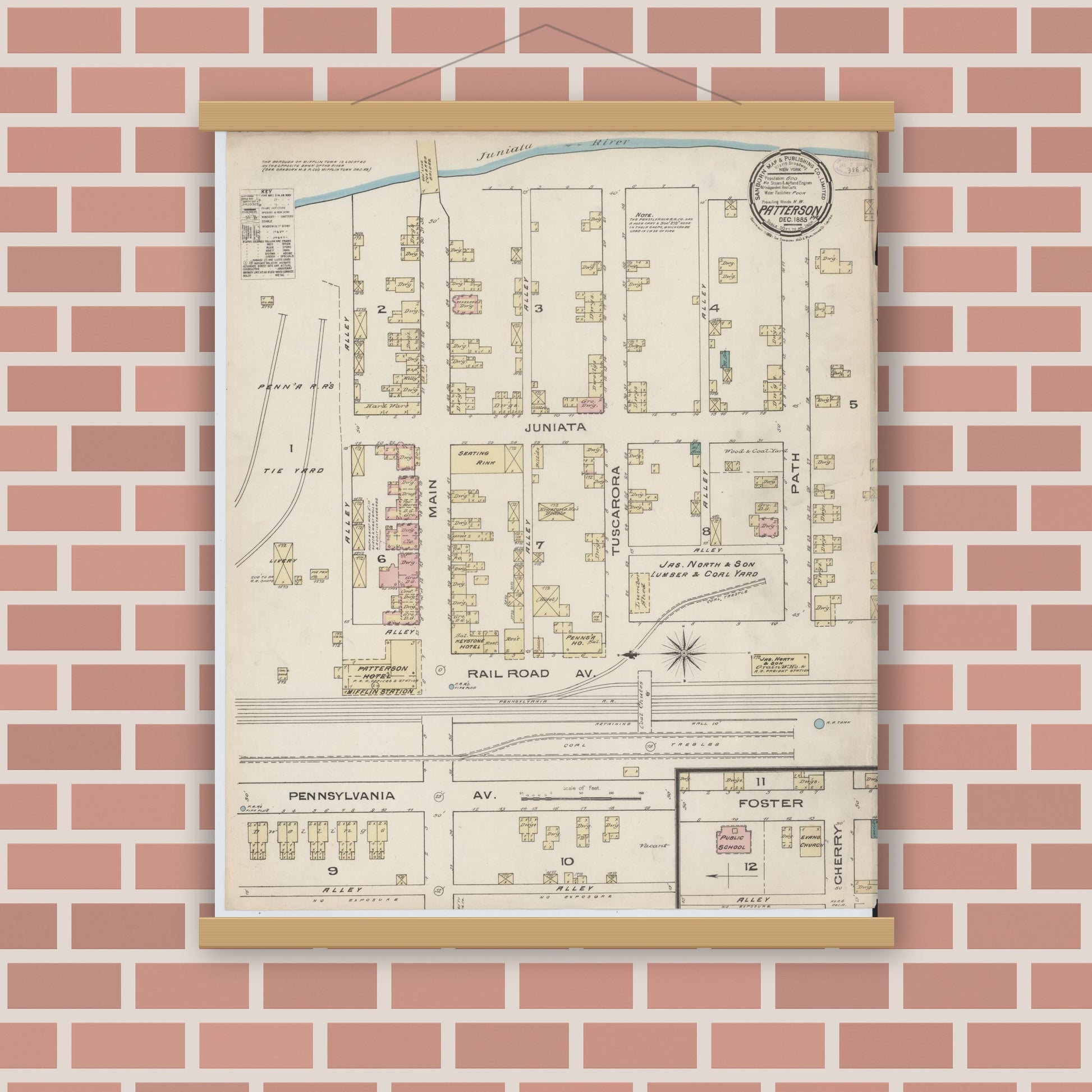 Old map wall art mockup — magnetic wood frame on brick wall — Sanborn Fire Insurance Map from Patterson, Juniata County, Pennsylvania (1885), Sheet #0001