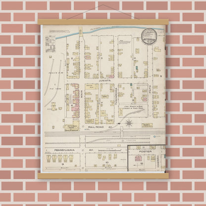 Old map wall art mockup — magnetic wood frame on brick wall — Sanborn Fire Insurance Map from Patterson, Juniata County, Pennsylvania (1885), Sheet #0001