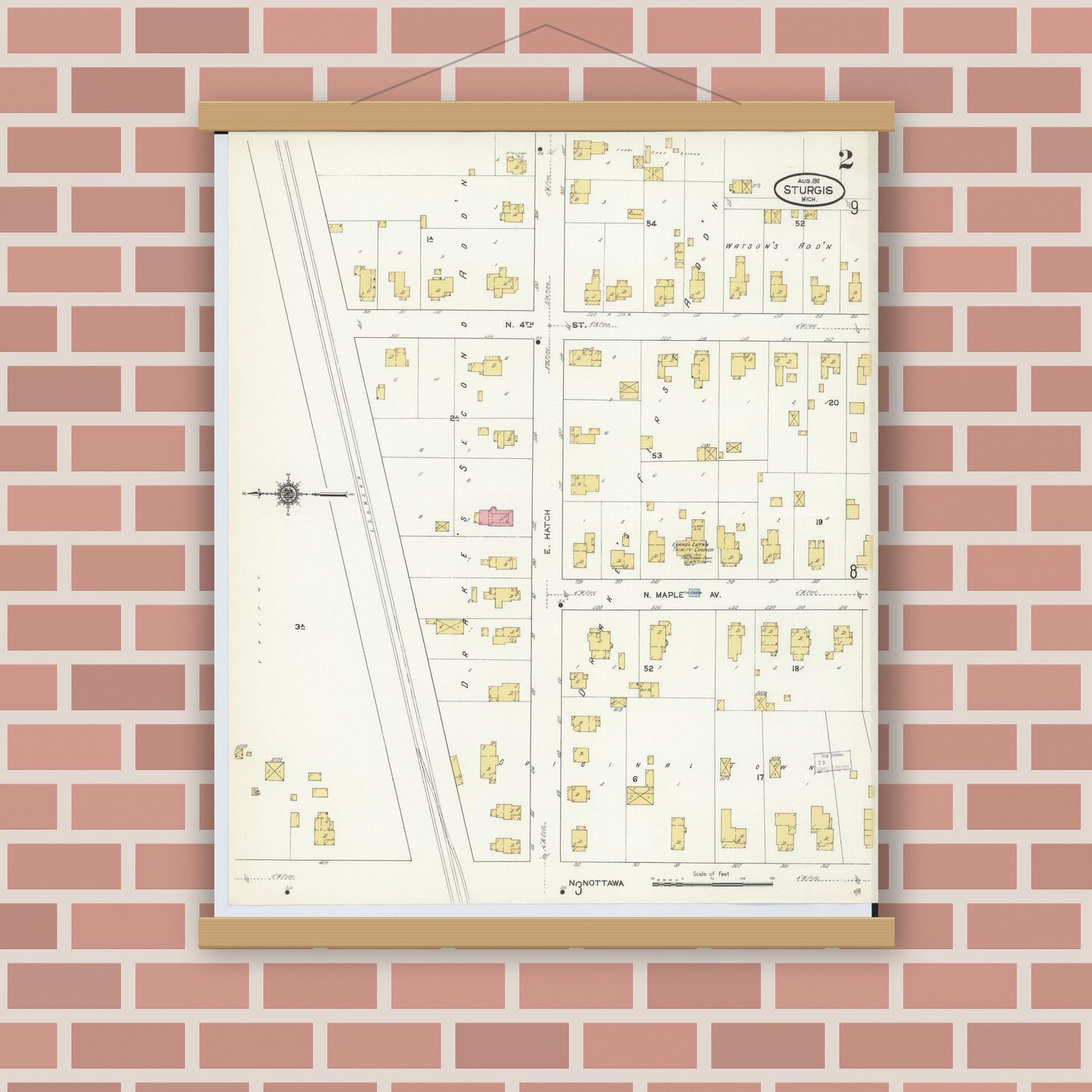 Old map wall art mockup — magnetic wood frame on brick wall — Sanborn Fire Insurance Map from Sturgis, Saint Joseph County, Michigan (1911), Sheet #0002