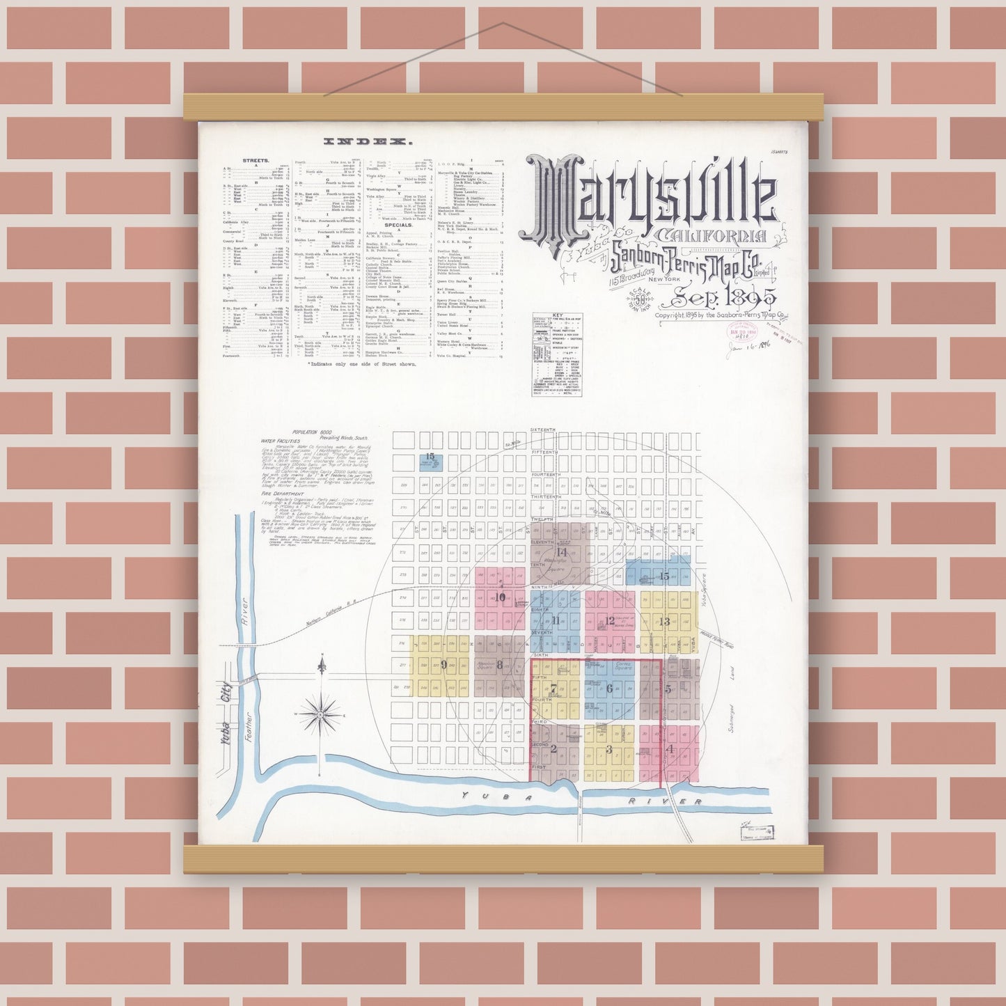 Old map wall art mockup — magnetic wood frame on brick wall — Sanborn Fire Insurance Map from Marysville, Yuba County, California (1895), Sheet #0001