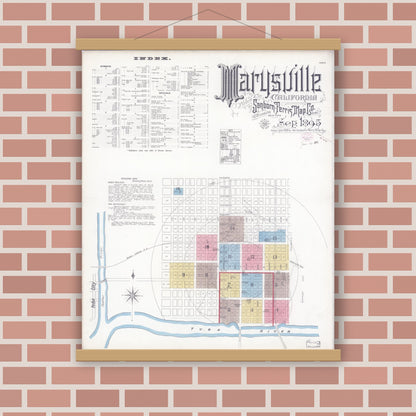 Old map wall art mockup — magnetic wood frame on brick wall — Sanborn Fire Insurance Map from Marysville, Yuba County, California (1895), Sheet #0001