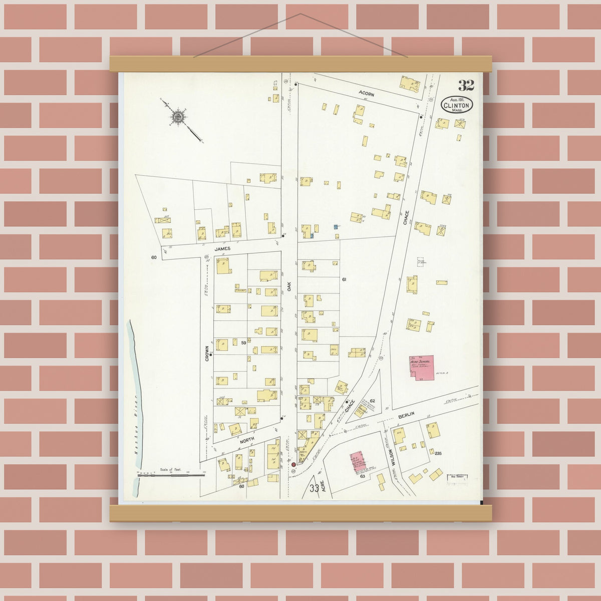 Old map wall art mockup — magnetic wood frame on brick wall — Sanborn Fire Insurance Map from Clinton, Worcester County, Massachusetts (1911), Sheet #0032