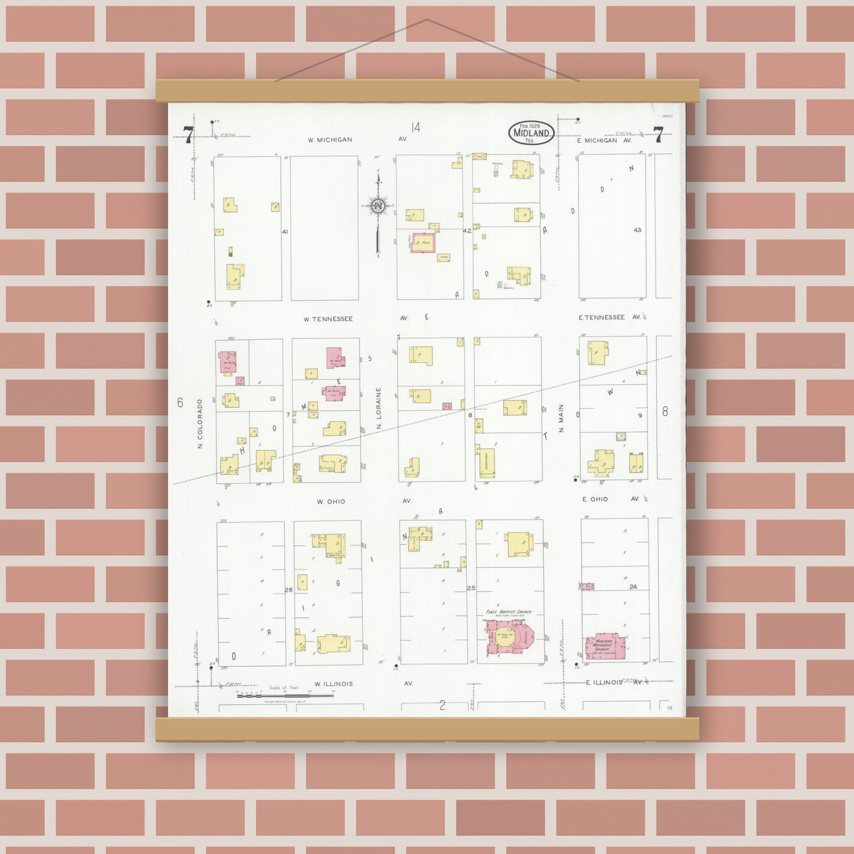 Old map wall art mockup — magnetic wood frame on brick wall — Sanborn Fire Insurance Map from Midland, Midland County, Texas (1929), Sheet #0007