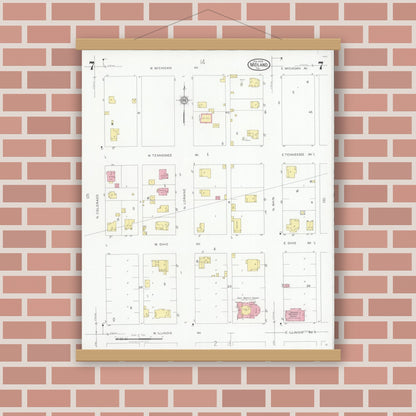 Old map wall art mockup — magnetic wood frame on brick wall — Sanborn Fire Insurance Map from Midland, Midland County, Texas (1929), Sheet #0007