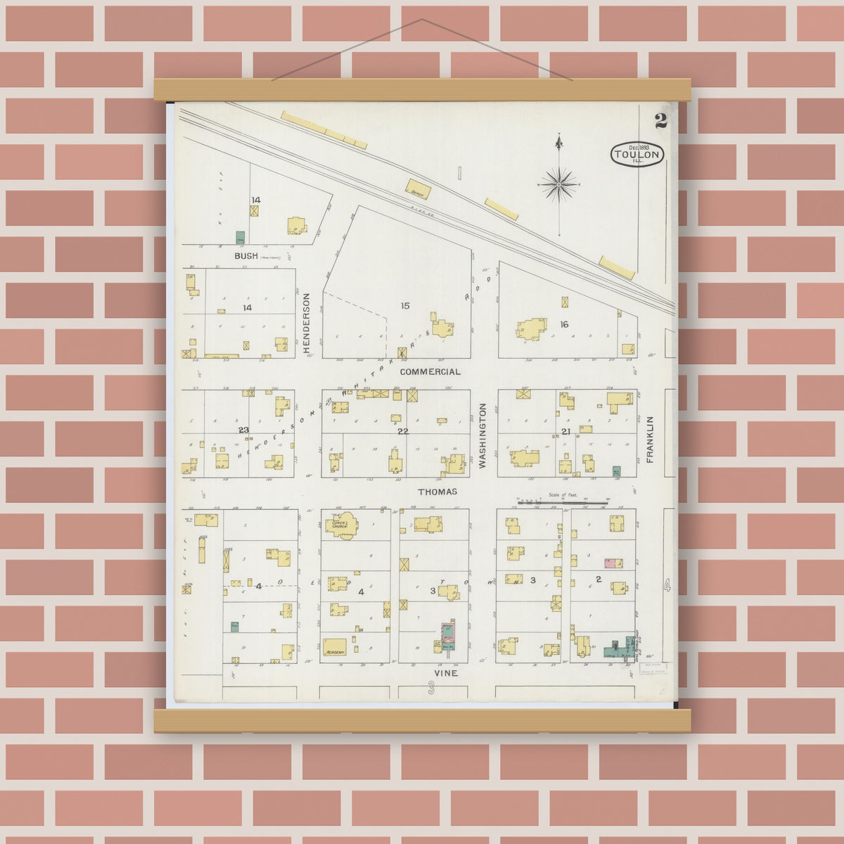 Old map wall art mockup — magnetic wood frame on brick wall — Sanborn Fire Insurance Map from Toulon, Stark County, Illinois (1893), Sheet #0002