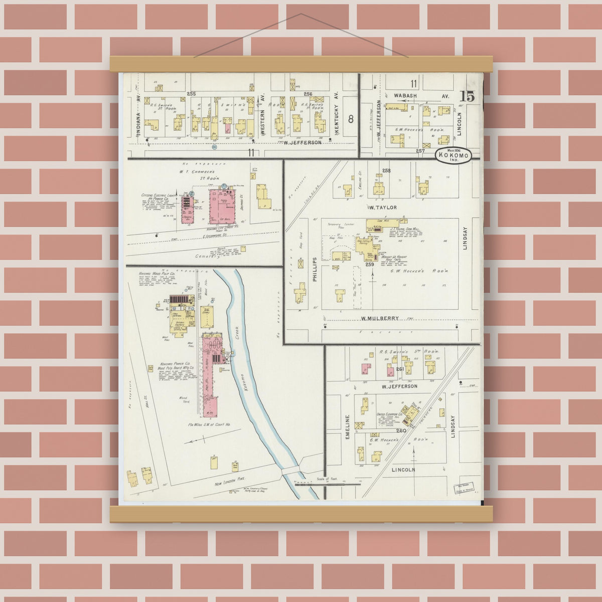 Old map wall art mockup — magnetic wood frame on brick wall — Sanborn Fire Insurance Map from Kokomo, Howard County, Indiana (1896), Sheet #0015