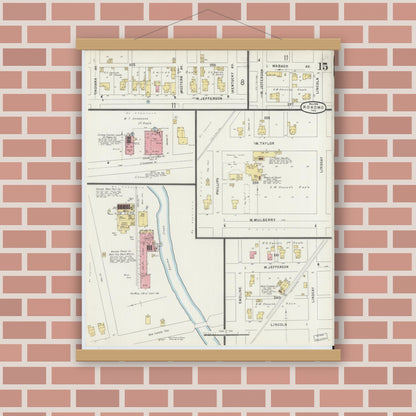Old map wall art mockup — magnetic wood frame on brick wall — Sanborn Fire Insurance Map from Kokomo, Howard County, Indiana (1896), Sheet #0015