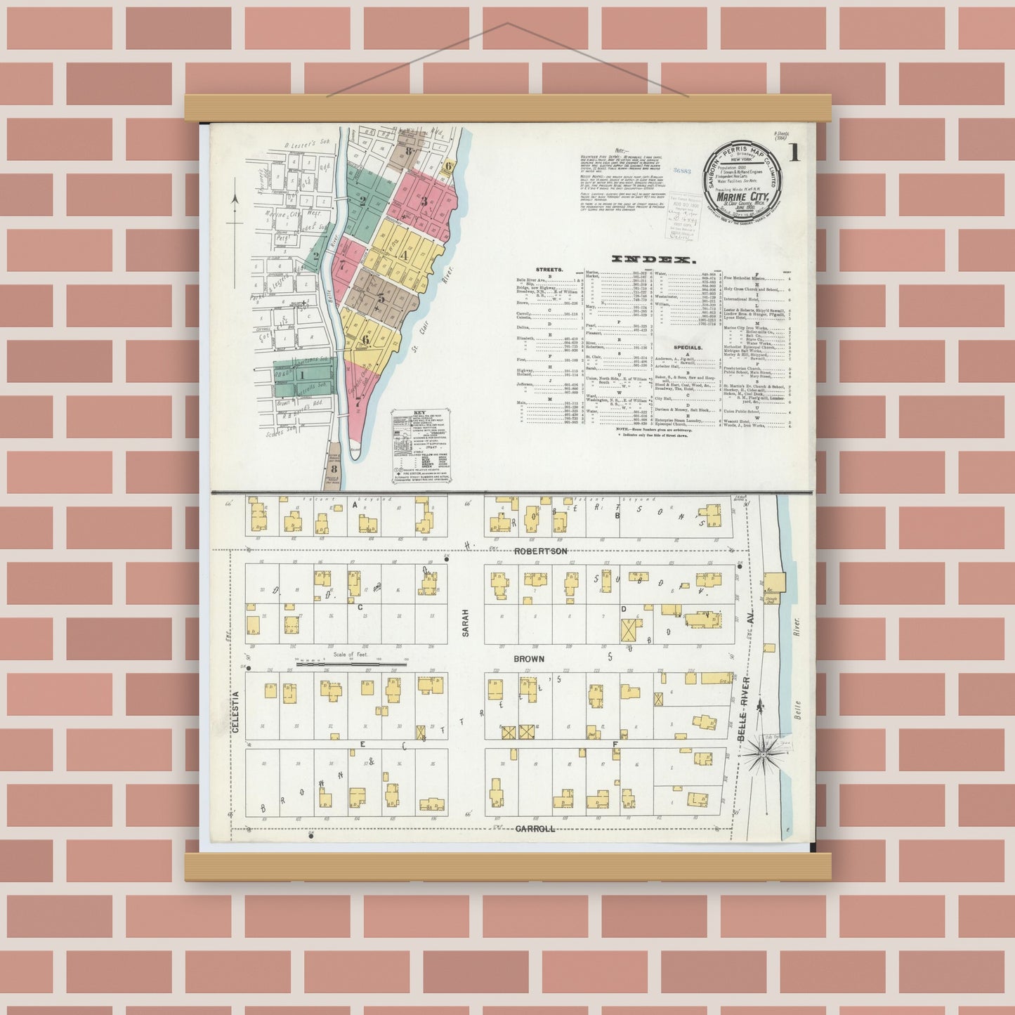 Old map wall art mockup — magnetic wood frame on brick wall — Sanborn Fire Insurance Map from Marine City, Saint Clair County, Michigan (1900) - Complete Map Set