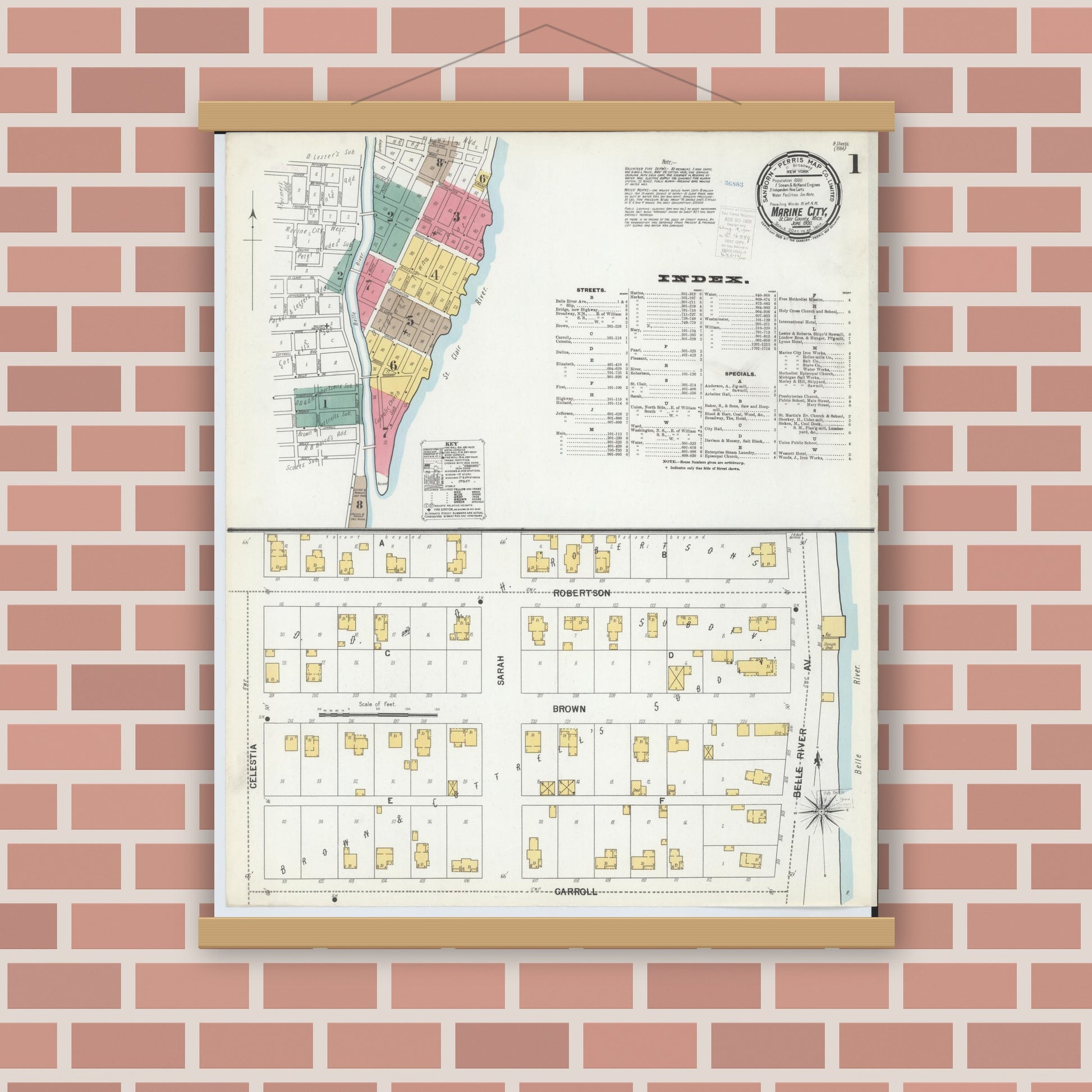 Old map wall art mockup — magnetic wood frame on brick wall — Sanborn Fire Insurance Map from Marine City, Saint Clair County, Michigan (1900) - Complete Map Set