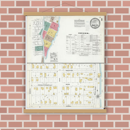 Old map wall art mockup — magnetic wood frame on brick wall — Sanborn Fire Insurance Map from Marine City, Saint Clair County, Michigan (1900) - Complete Map Set