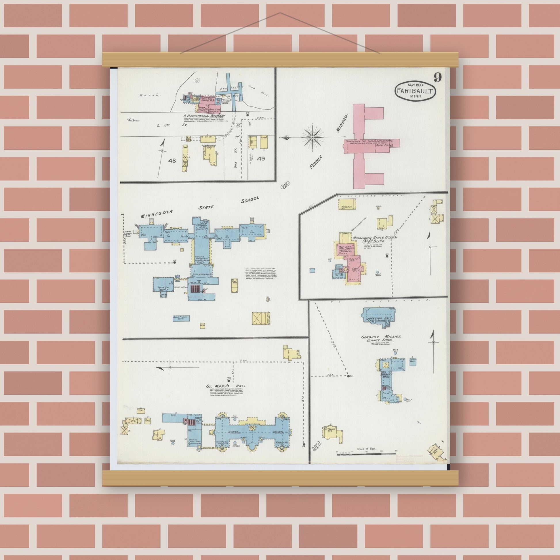 Old map wall art mockup — magnetic wood frame on brick wall — Sanborn Fire Insurance Map from Faribault, Rice County, Minnesota (1893), Sheet #0009
