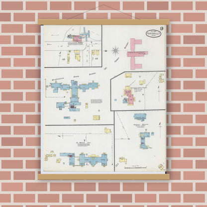 Old map wall art mockup — magnetic wood frame on brick wall — Sanborn Fire Insurance Map from Faribault, Rice County, Minnesota (1893), Sheet #0009