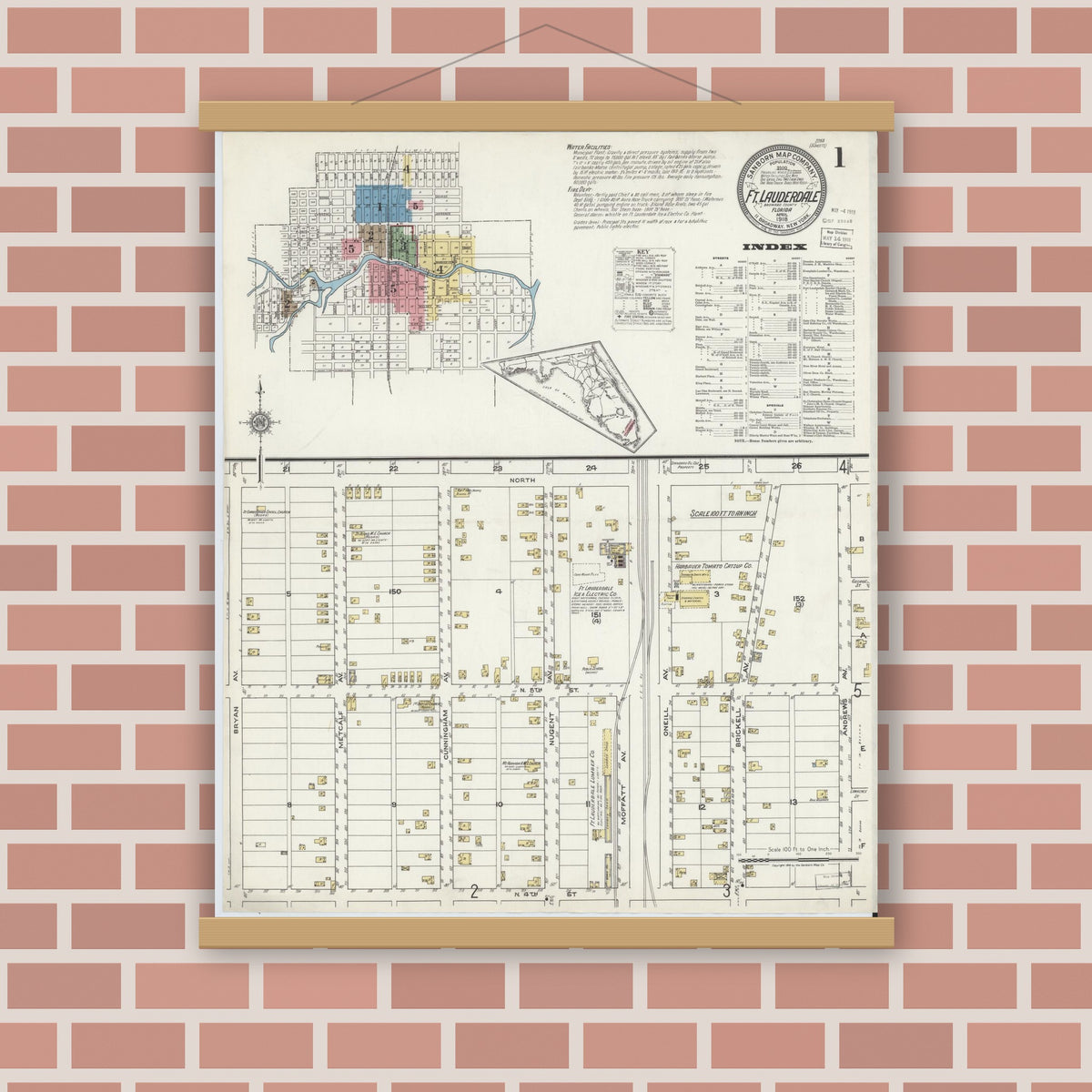 Old map wall art mockup — magnetic wood frame on brick wall — Sanborn Fire Insurance Map from Fort Lauderdale, Broward County, Florida (1918) - Complete Map Set