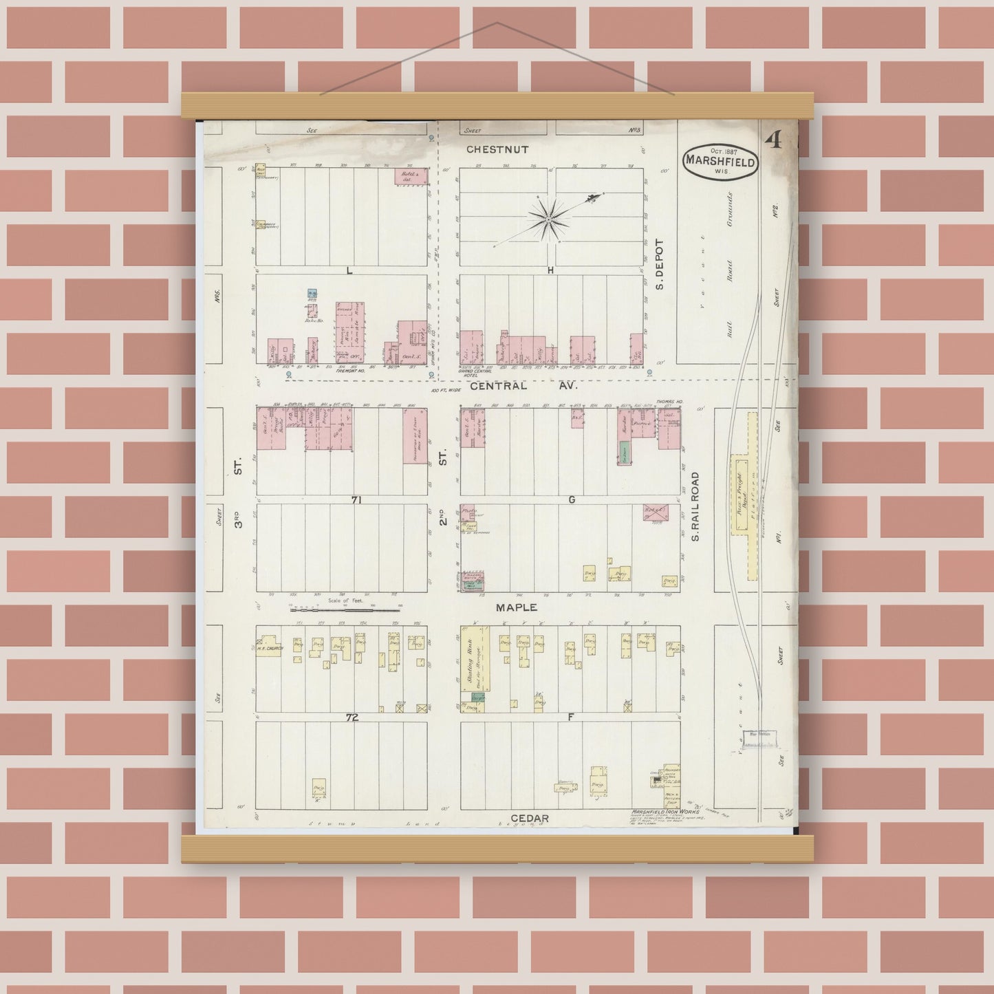 Old map wall art mockup — magnetic wood frame on brick wall — Sanborn Fire Insurance Map from Marshfield, Wood County, Wisconsin (1887), Sheet #0004