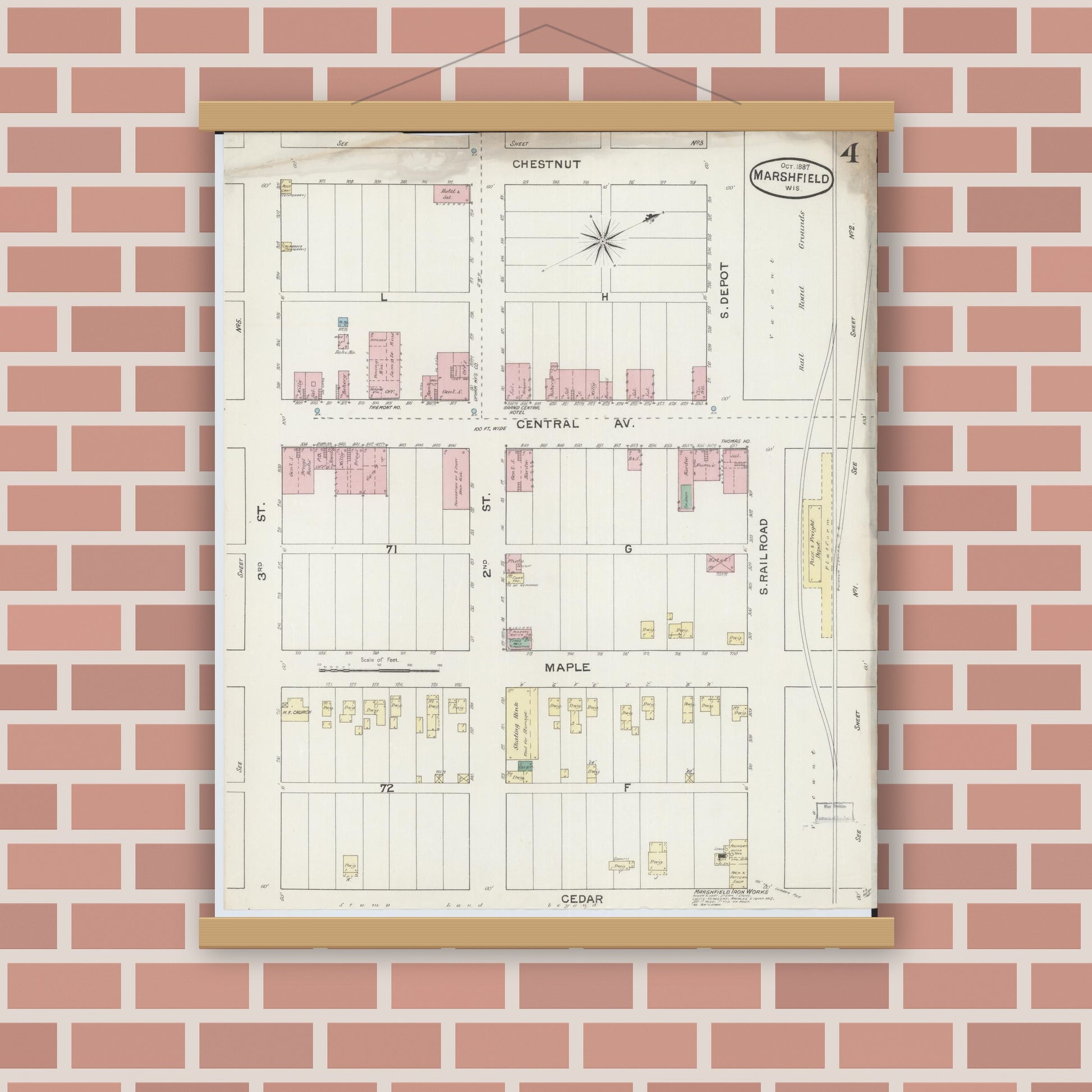 Old map wall art mockup — magnetic wood frame on brick wall — Sanborn Fire Insurance Map from Marshfield, Wood County, Wisconsin (1887), Sheet #0004