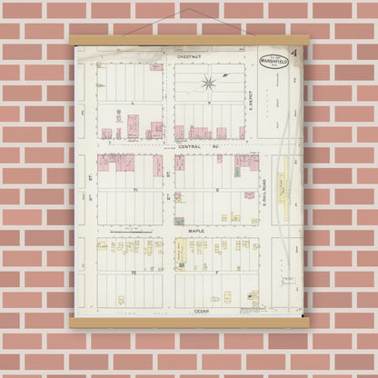 Old map wall art mockup — magnetic wood frame on brick wall — Sanborn Fire Insurance Map from Marshfield, Wood County, Wisconsin (1887), Sheet #0004