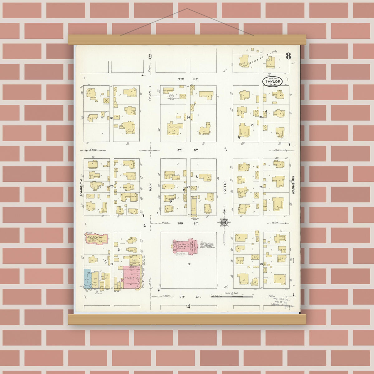 Old map wall art mockup — magnetic wood frame on brick wall — Sanborn Fire Insurance Map from Taylor, Williamson County, Texas (1912), Sheet #0008