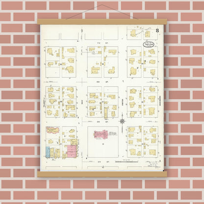 Old map wall art mockup — magnetic wood frame on brick wall — Sanborn Fire Insurance Map from Taylor, Williamson County, Texas (1912), Sheet #0008
