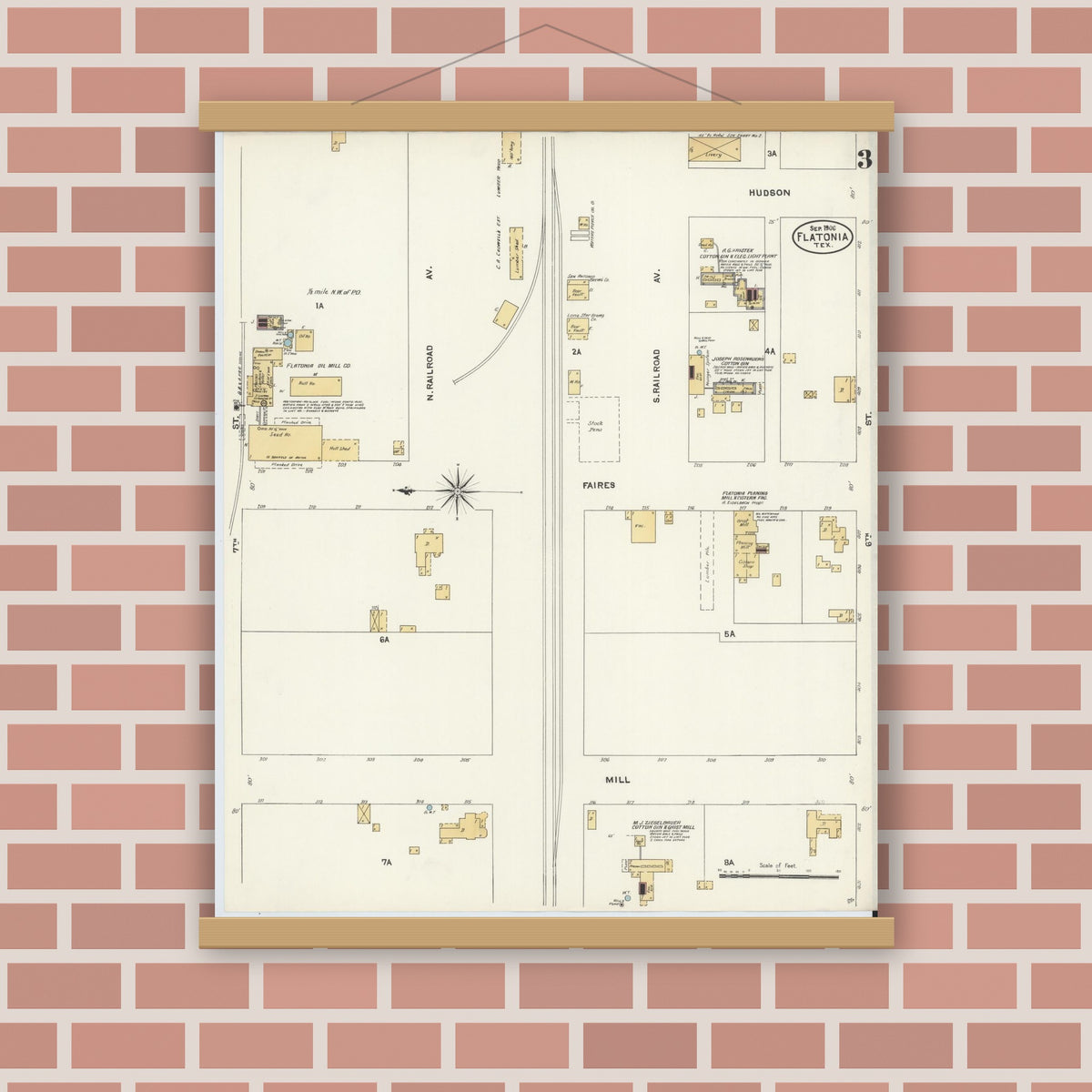 Old map wall art mockup — magnetic wood frame on brick wall — Sanborn Fire Insurance Map from Flatonia, Fayette County, Texas (1906), Sheet #0003