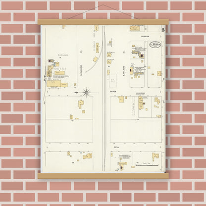 Old map wall art mockup — magnetic wood frame on brick wall — Sanborn Fire Insurance Map from Flatonia, Fayette County, Texas (1906), Sheet #0003
