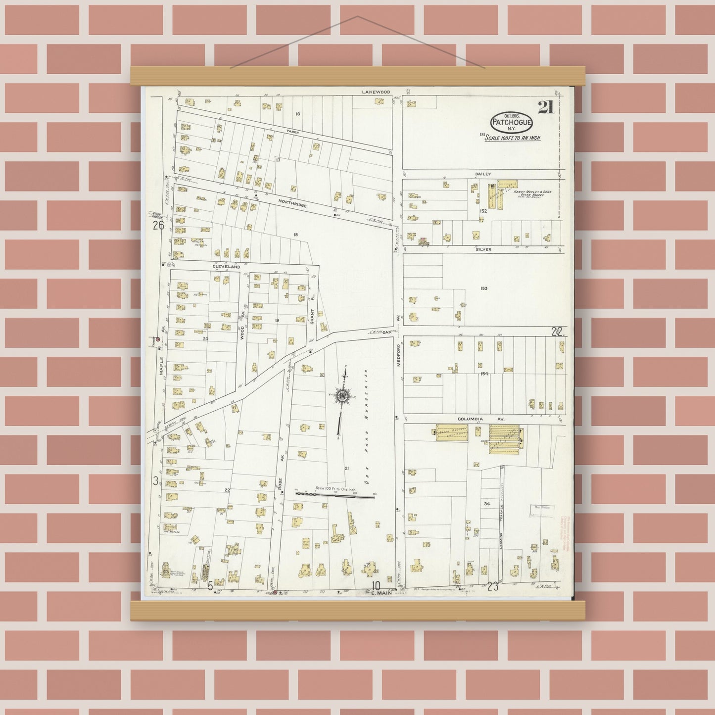 Old map wall art mockup — magnetic wood frame on brick wall — Sanborn Fire Insurance Map from Patchogue, Suffolk County, New York (1916), Sheet #0021