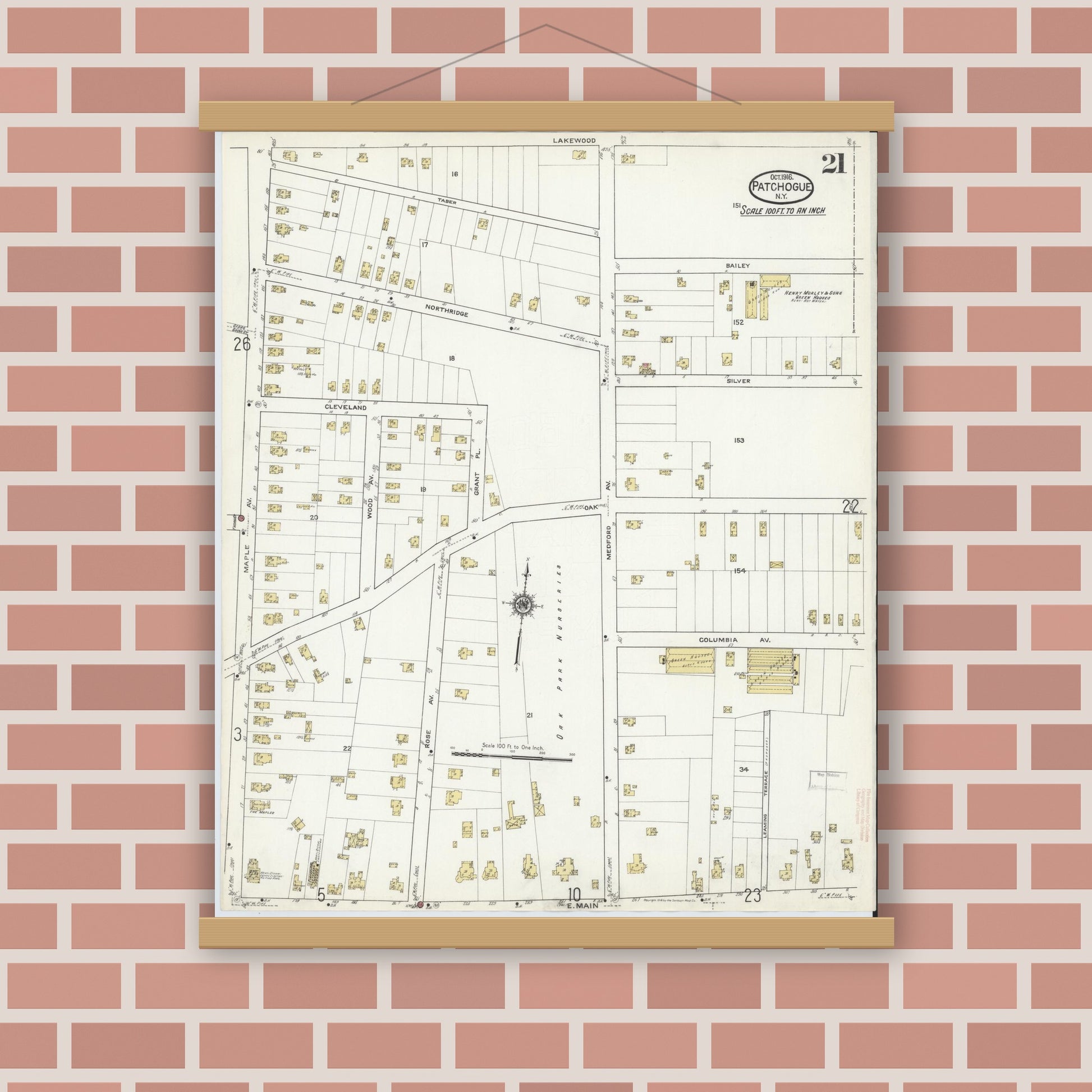 Old map wall art mockup — magnetic wood frame on brick wall — Sanborn Fire Insurance Map from Patchogue, Suffolk County, New York (1916), Sheet #0021