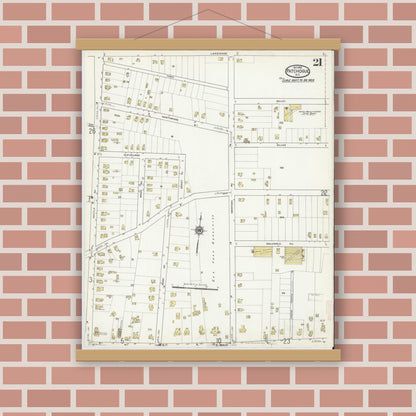 Old map wall art mockup — magnetic wood frame on brick wall — Sanborn Fire Insurance Map from Patchogue, Suffolk County, New York (1916), Sheet #0021