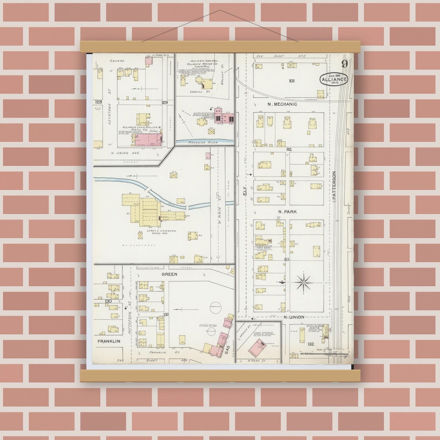 Old map wall art mockup — magnetic wood frame on brick wall — Sanborn Fire Insurance Map from Alliance, Stark County, Ohio (1892), Sheet #0009