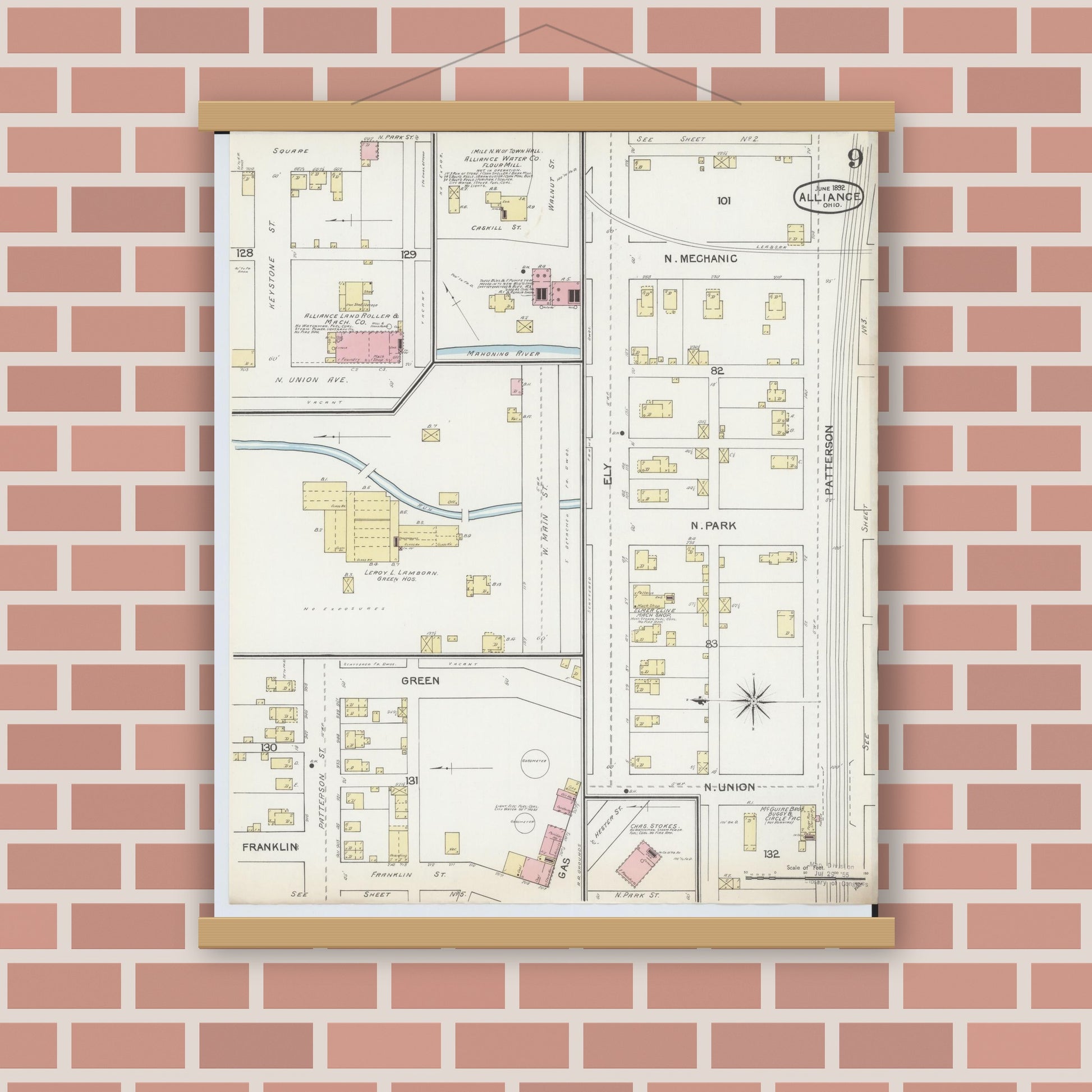 Old map wall art mockup — magnetic wood frame on brick wall — Sanborn Fire Insurance Map from Alliance, Stark County, Ohio (1892), Sheet #0009