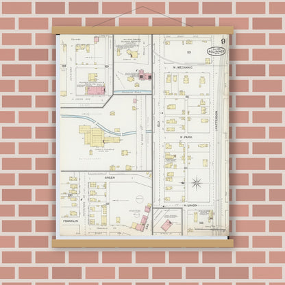 Old map wall art mockup — magnetic wood frame on brick wall — Sanborn Fire Insurance Map from Alliance, Stark County, Ohio (1892), Sheet #0009