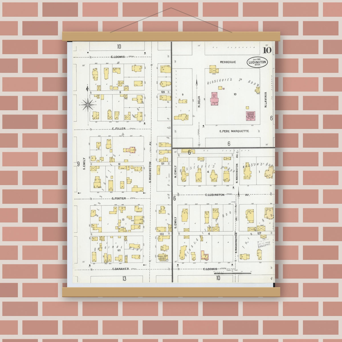 Old map wall art mockup — magnetic wood frame on brick wall — Sanborn Fire Insurance Map from Ludington, Mason County, Michigan (1900), Sheet #0010
